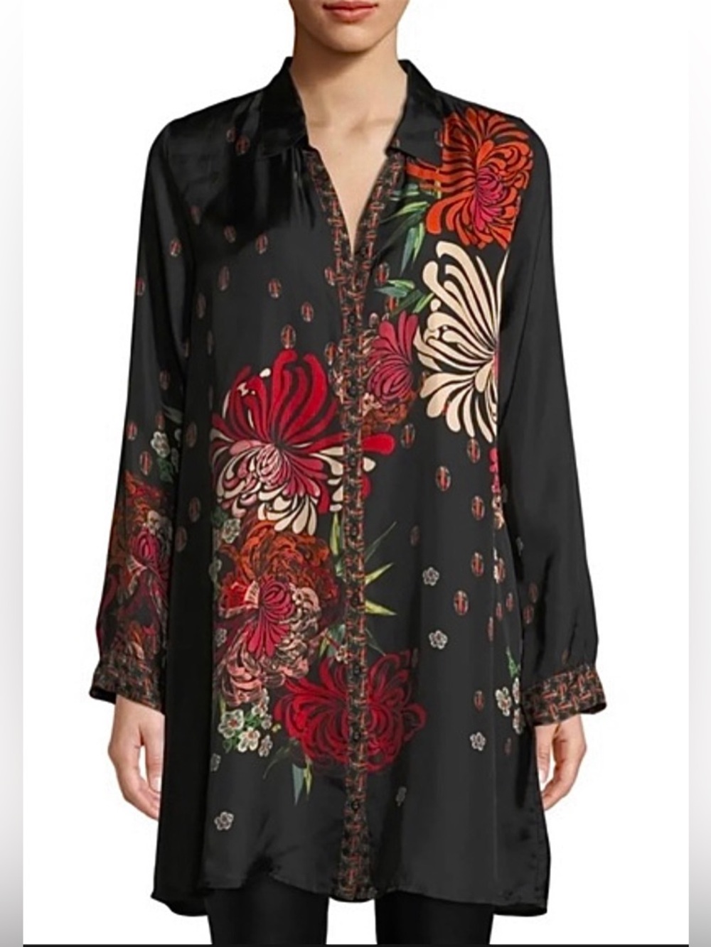 NEW NWOT WOMENS LARGE JOHNNY WAS 100% SILK CARRO SHIRT TUNIC DRESS